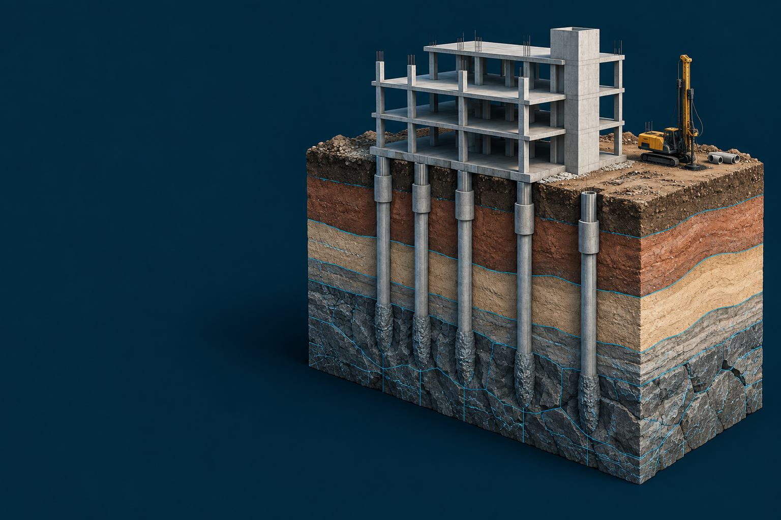 Ilustración conceptual de las capas del terreno y pilotes de cimentación bajo un edificio en construcción